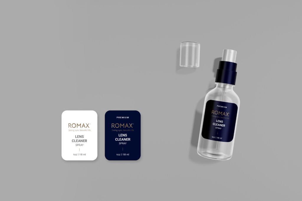 ROMAX lens cleaner spray bottle with white and navy premium label variants