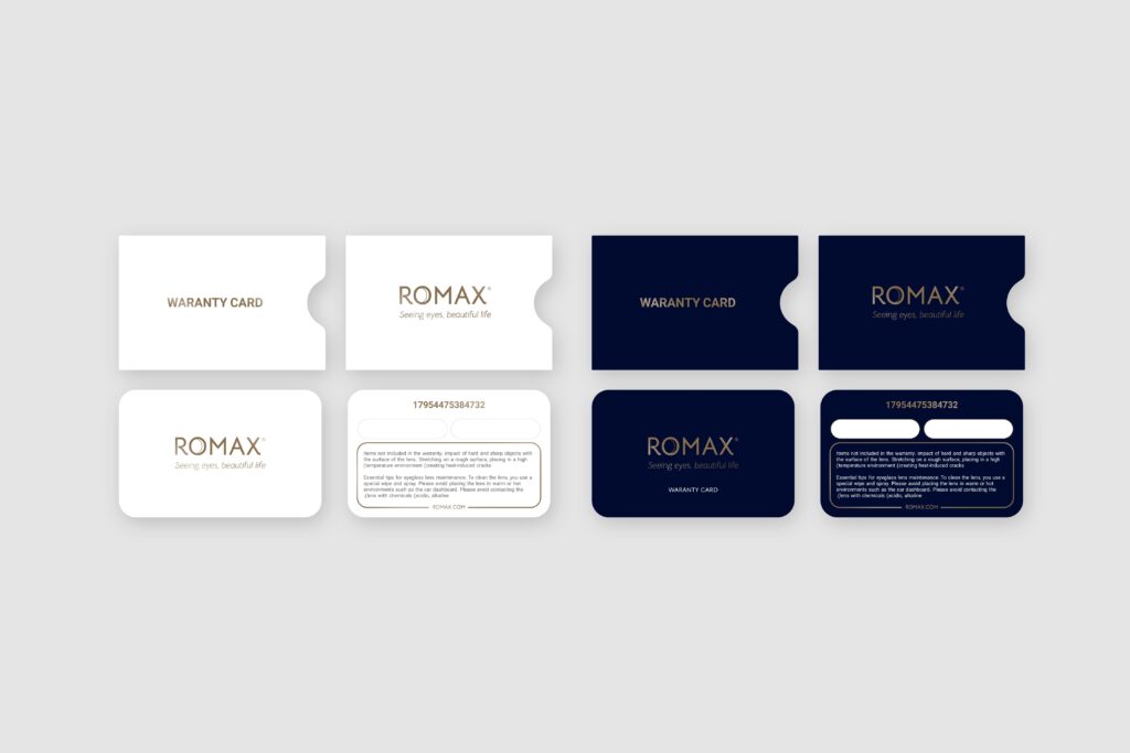 ROMAX warranty card, sleeve and card, in white and navy variants