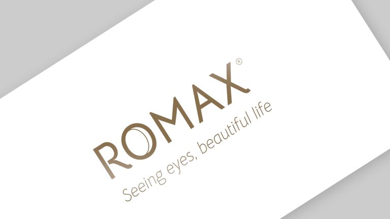 ROMAX eyewear brand packaging, shopping bag with gold logo