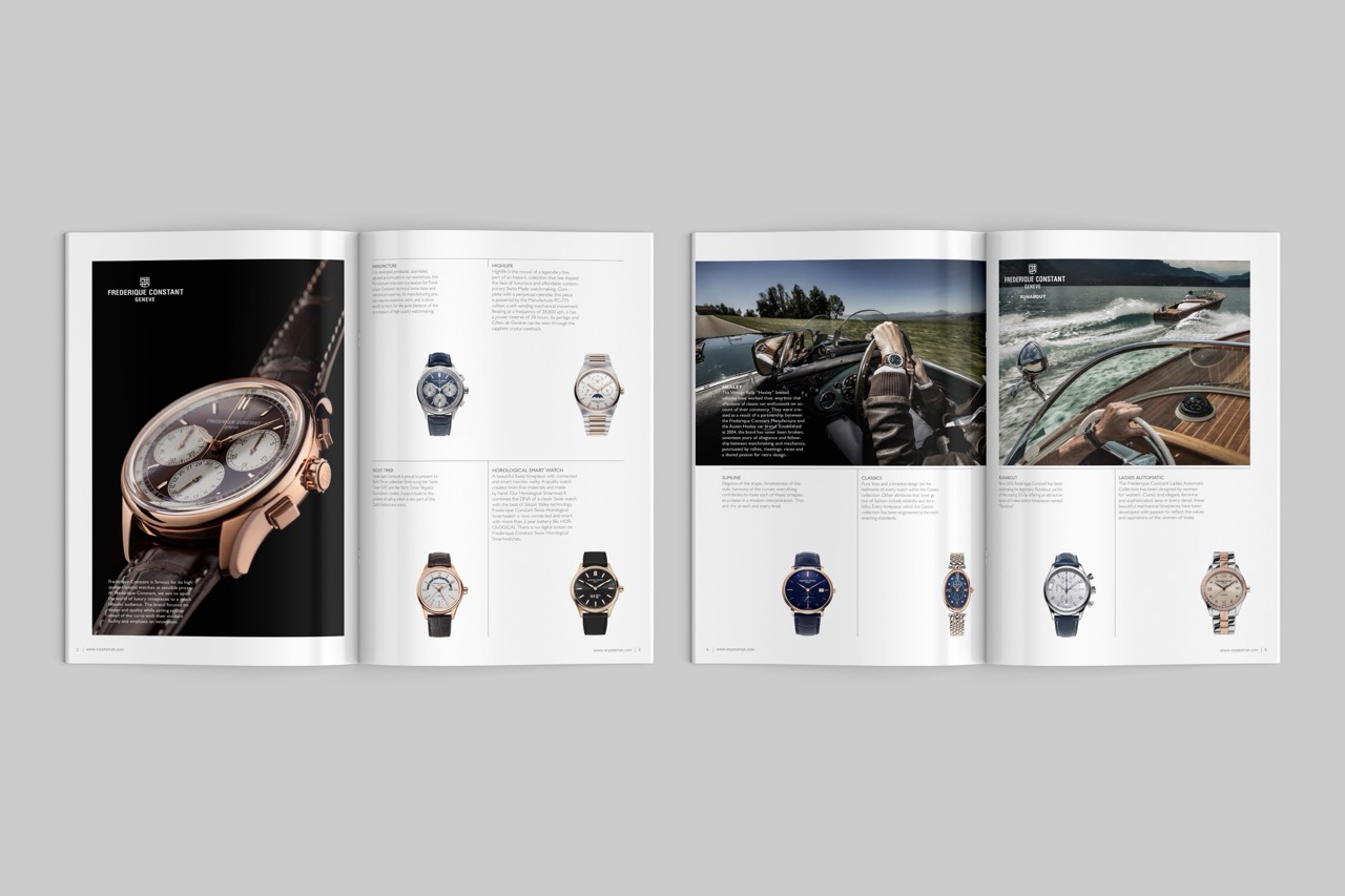 Arya Zaman watch catalogue spreads with Frédérique Constant product photography, lifestyle images, and a clean grid of watch models