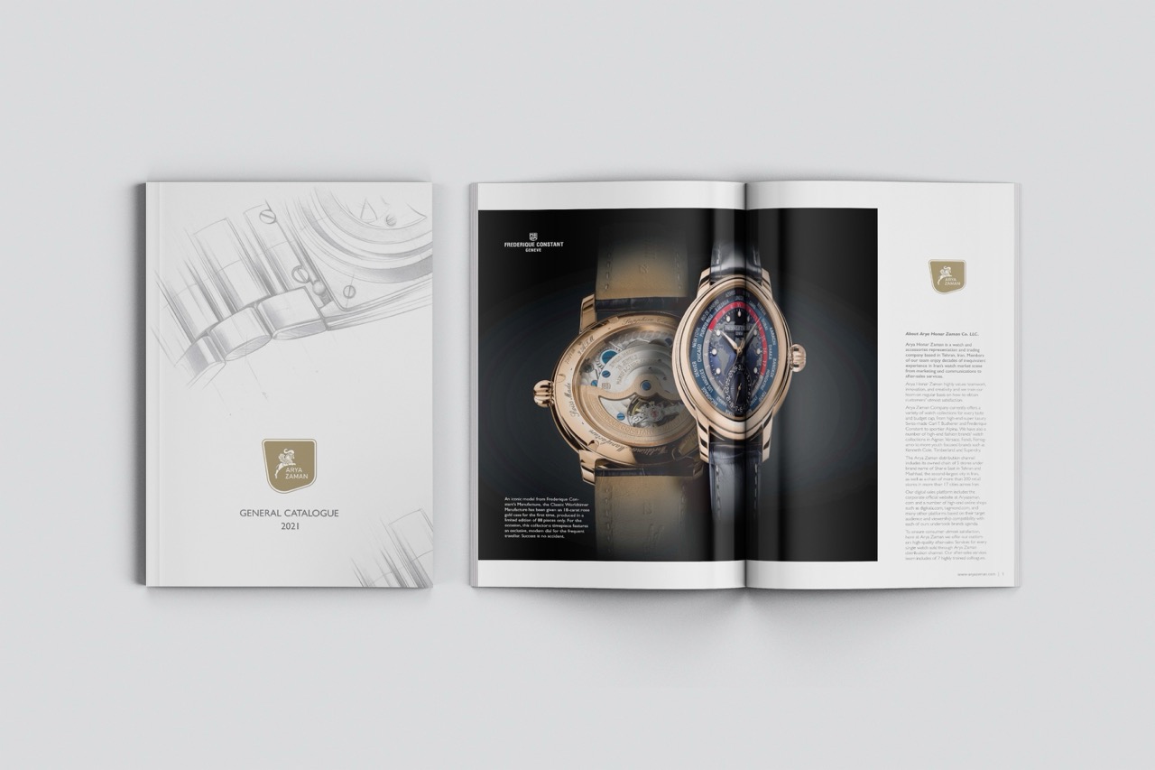 Arya Zaman general catalogue 2021, a white cover with a watch sketch and gold logo, next to a Frédérique Constant watch spread