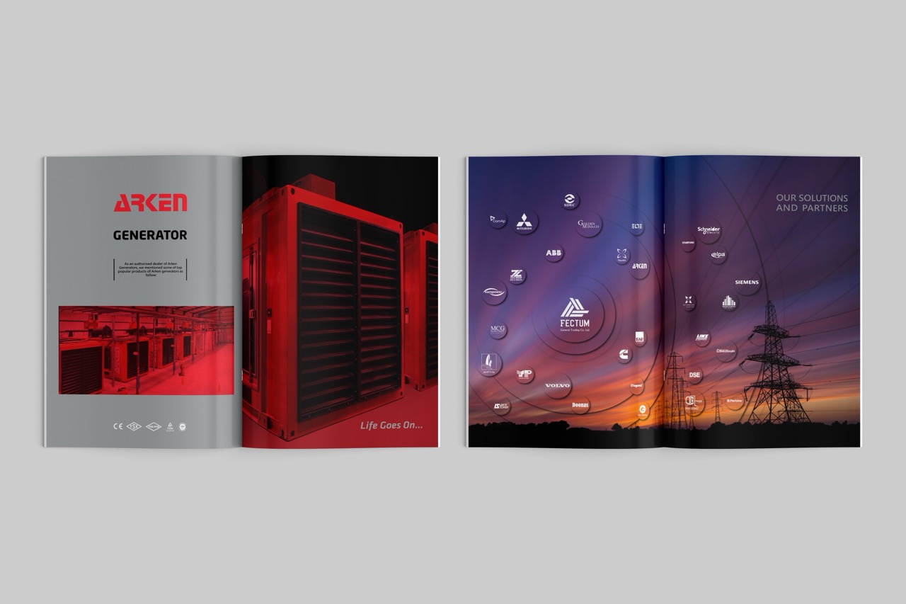 Fectum company profile spreads: Arken generators in red and a partners page with brand logos