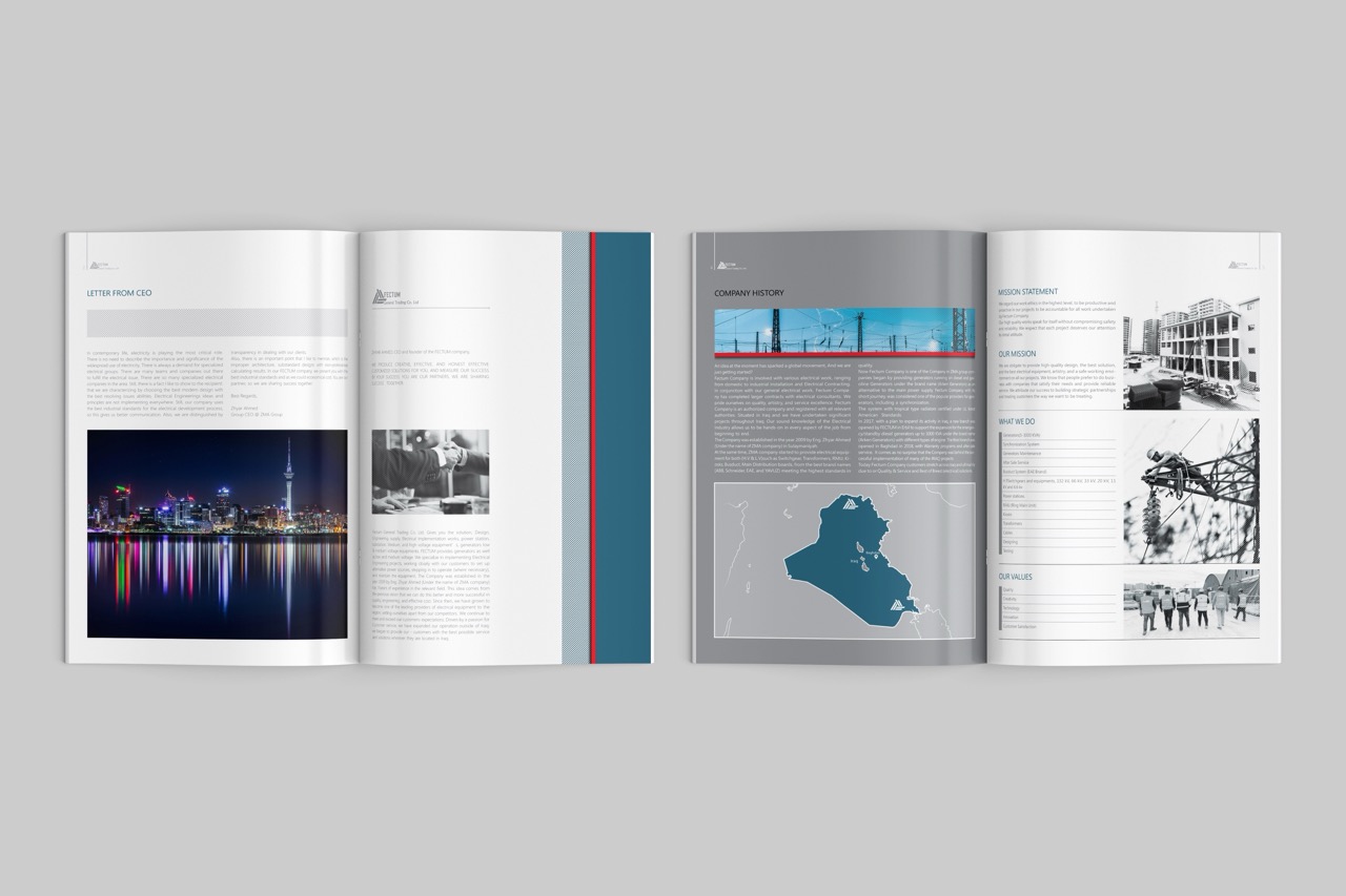 Fectum company profile spreads: letter from the CEO and company history with a map of Iraq