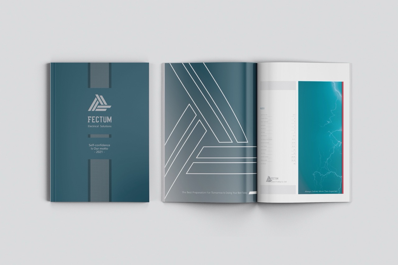 Fectum company profile with a teal cover, silver logo, and an index spread with a lightning image