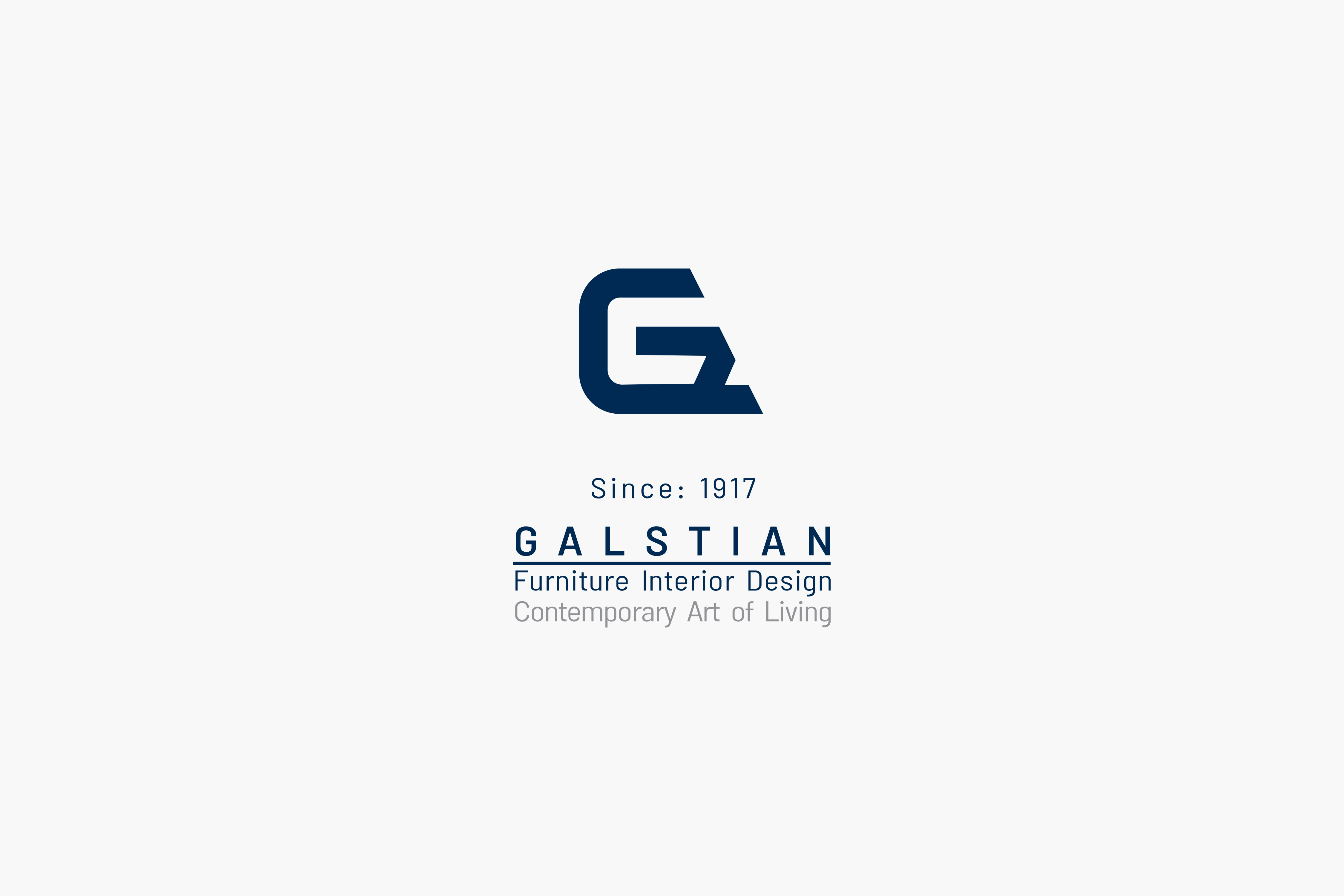 Galstian furniture and interior design logo, a navy blue monogram G with the line Contemporary Art of Living