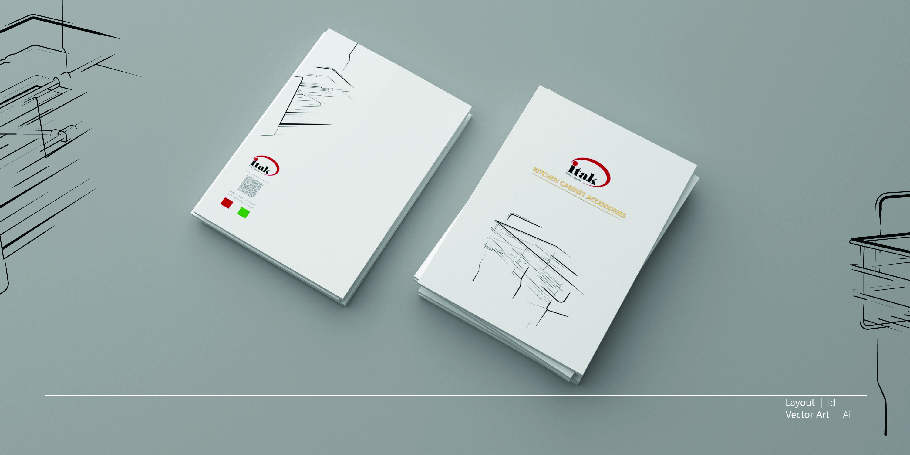 Itak kitchen cabinet accessories catalog cover with gold foil lettering and line illustrations of cabinet organizers