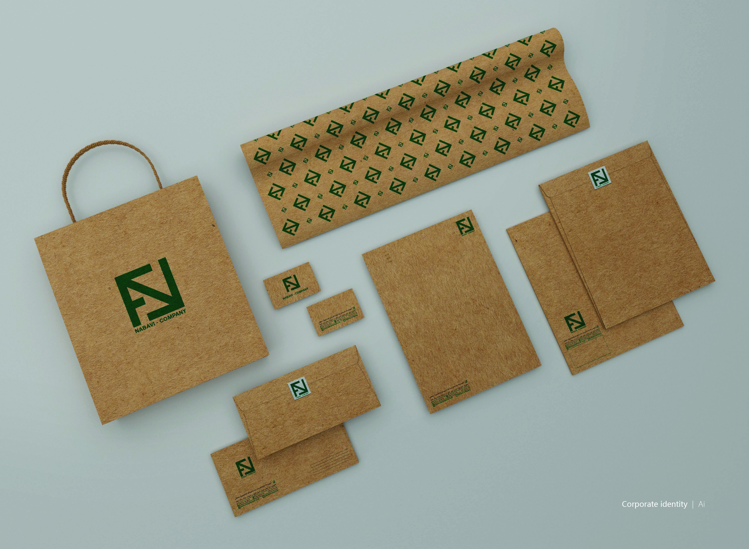 Nabavi Wood Factory stationery set printed in one green color on kraft paper: gift bag, business cards, letterhead, envelopes, and pattern paper