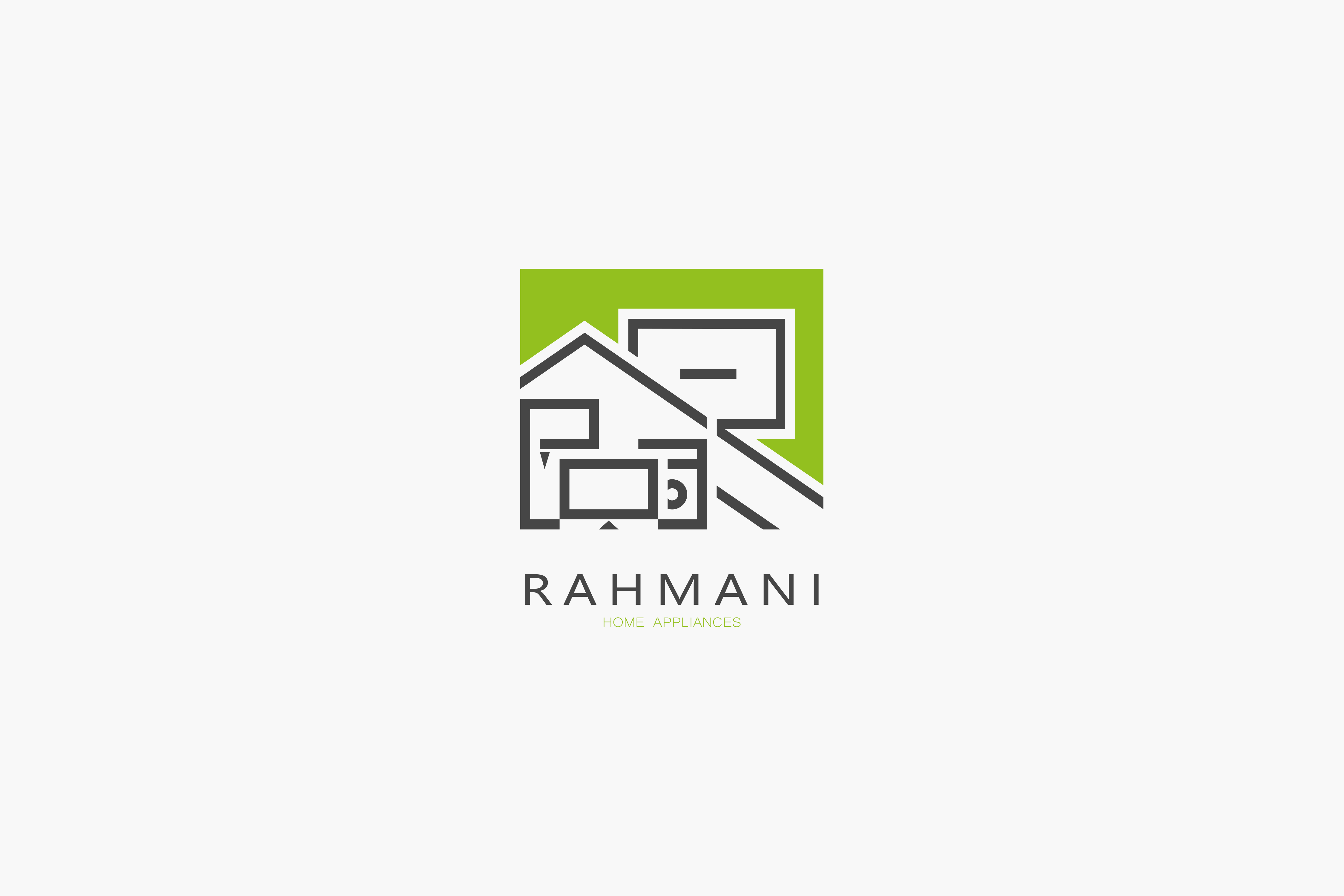 Rahmani home appliances logo design, a green and gray square mark combining a house roof and appliance shapes