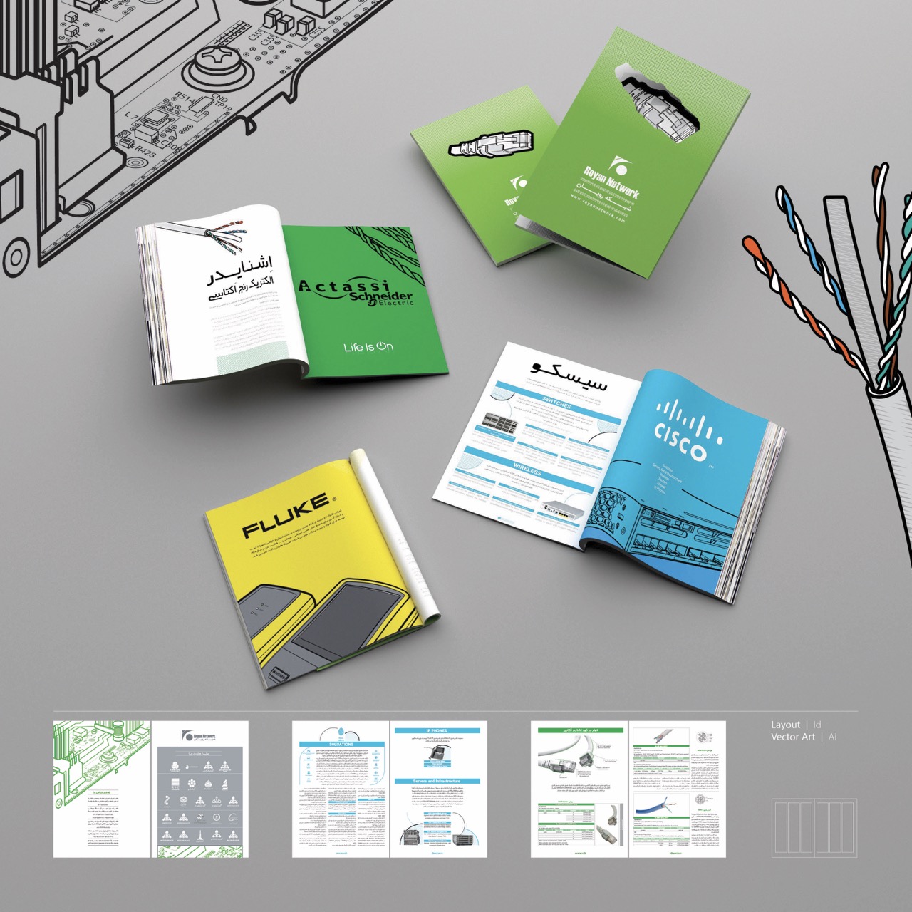 Royan Shabakeh catalog, a four-color offset print design with a die-cut cover shaped like a network connector