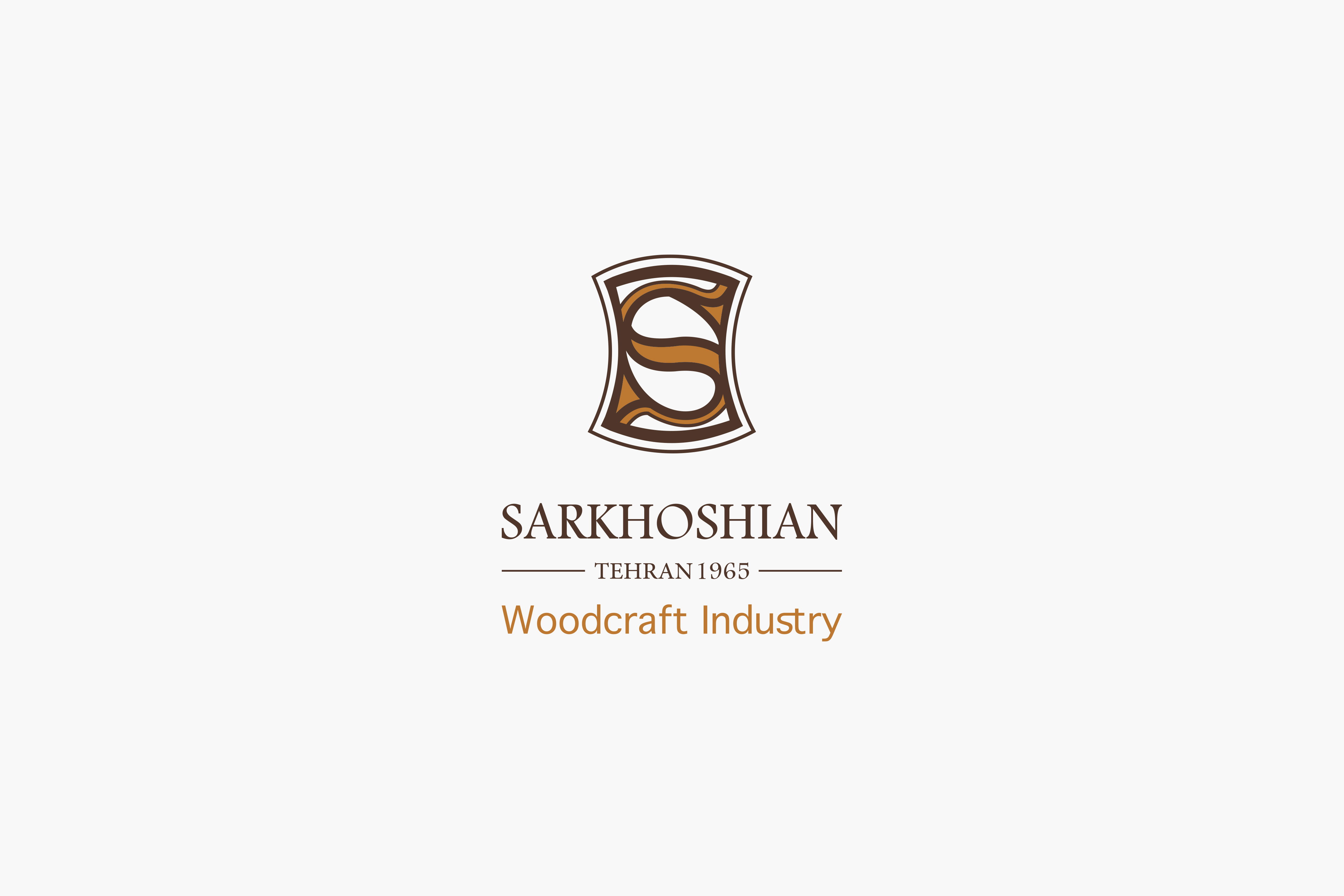 Sarkhoshian Woodcraft Industry logo design, a brown and copper monogram S inside a shield, Tehran 1965